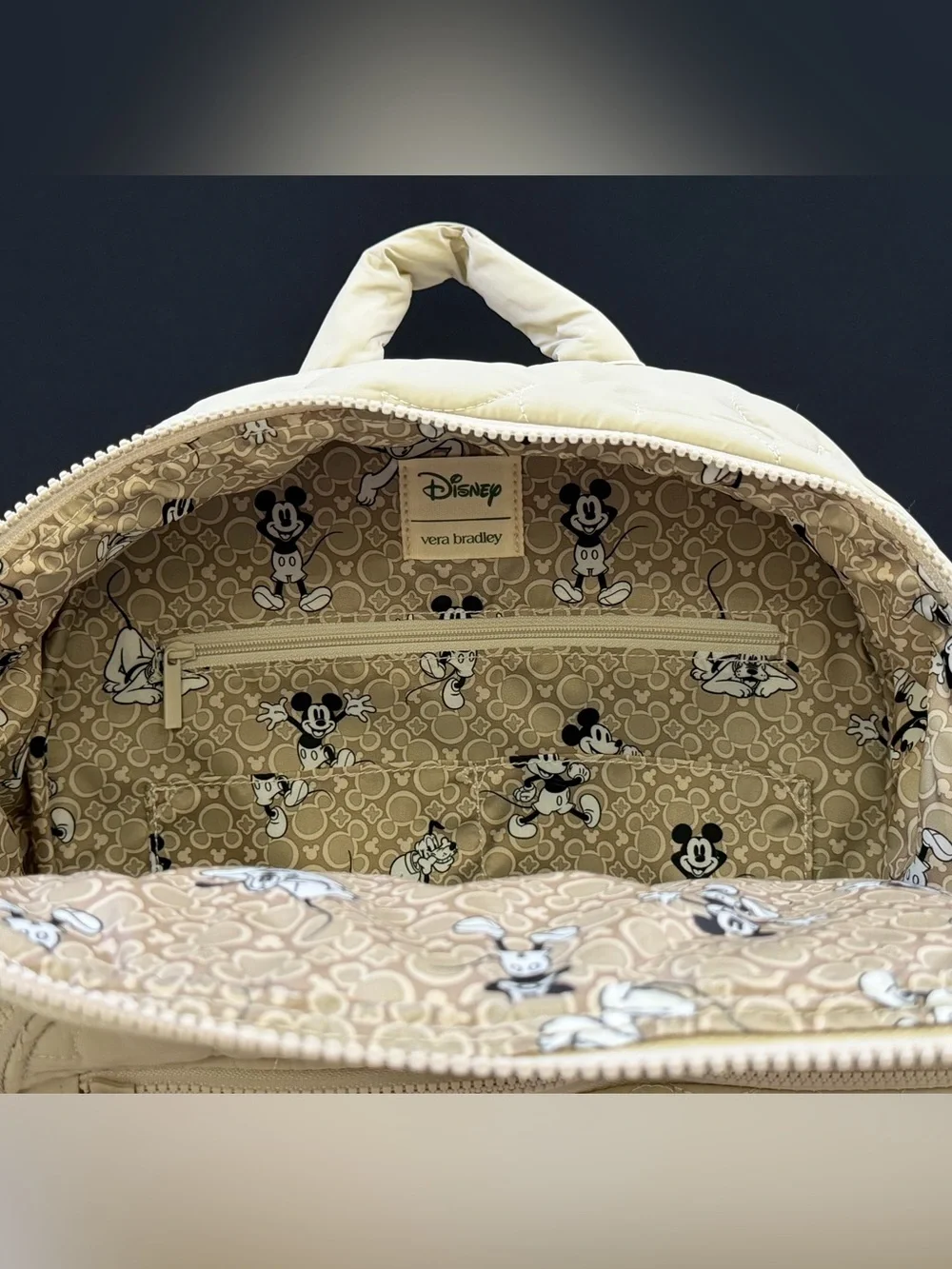Vera Bradley Disney Bancroft Backpack Quilted Mickey Pumice Stone Beige NEW